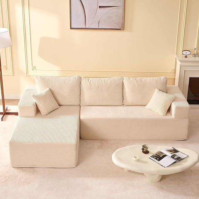 Afuson 107" Boneless Couch with Deep Seat, Modular Sectional Sofa, Cloud Sectional Couch for Living Room, No Assembly Required, Corduroy, L-Shape Left, White