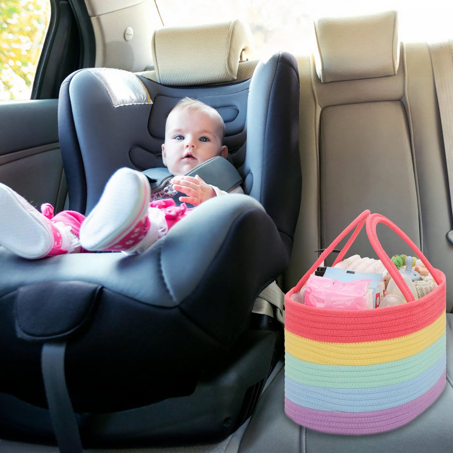 COMSE Large Baby Diaper Caddy Organizer for Girl Boy, Car Caddy with Handles, Cotton Rope Basket for Changing Table, Nursery Organizer, Gift for Baby Shower and Registry Must Have, Rainbow
