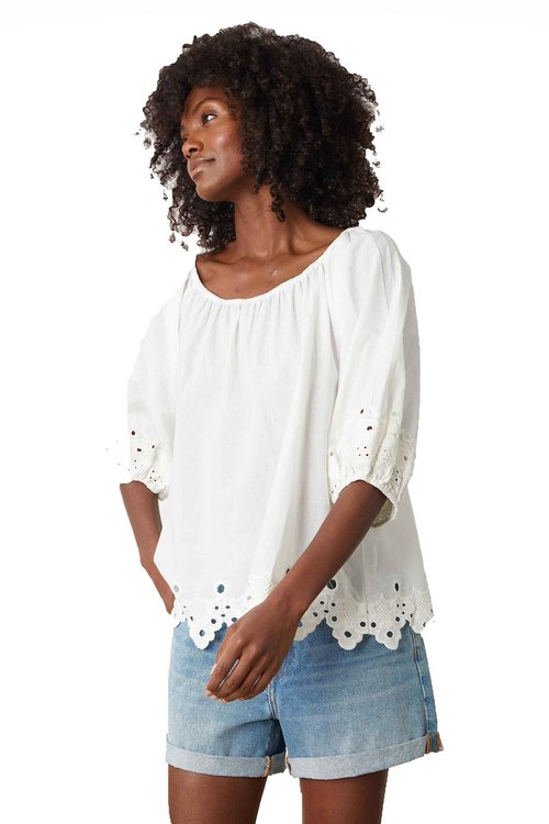 VELVET BY GRAHAM & SPENCER Women's Abigail Schiffli Eyelet Top, Ivory, X-Large