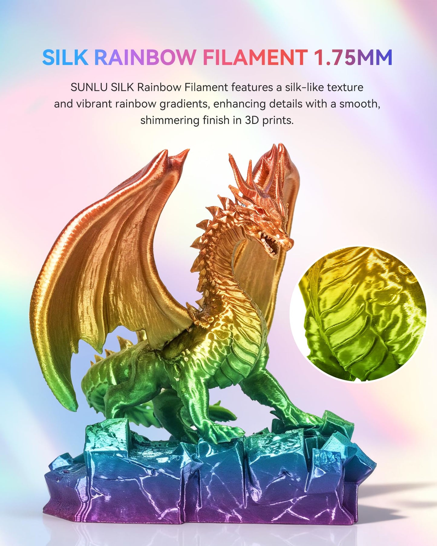 SUNLU Silk Rainbow PLA Filament 1.75mm, Multicolor Gradient 3D Filament, Neatly Wound Shiny Silk 3D Printer Filament, Dimensional Accuracy +/-0.02mm, 1KG Spool(2.2 lbs), Rainbow Silk 04