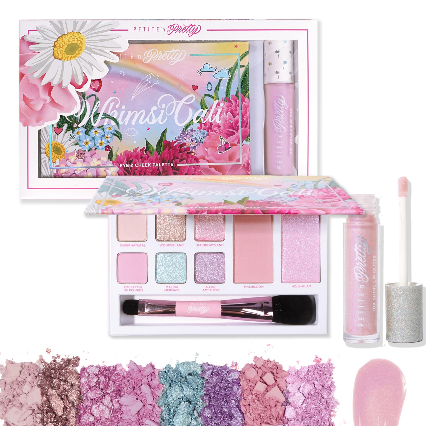 Petite 'N Pretty - WhimsiCali Eyeshadow & Cheek Makeup Palette and 10K Shine Lip Gloss Duo – Natural & Non-Toxic Face Makeup for Kids, Children, Tweens and Teens
