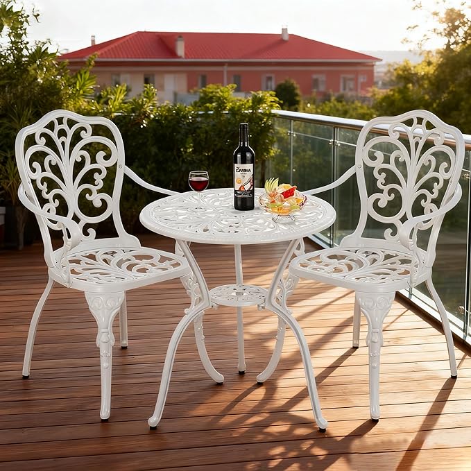 Withniture 3 Piece Outdoor Bistro Table Set, Cast Aluminum Patio Bistro Sets with Umbrella Hole, All Weather Bistro Table and Chairs Set of 2 for Garden Porch (Butterfly Arm, White)