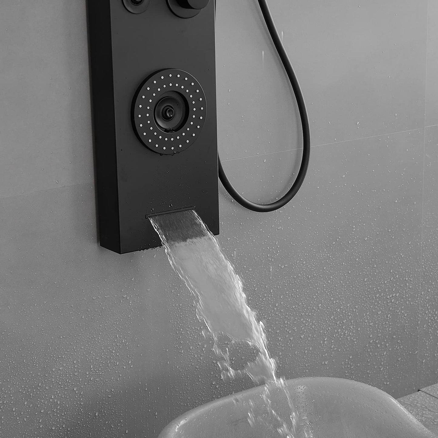 BWE Shower Panel with LED Rainfall Waterfall Shower 6-Function Faucet 4 Mist Jets 2 Body Sprays with Handheld and Waterfall Tub Spout Shower Tower System Matte Black