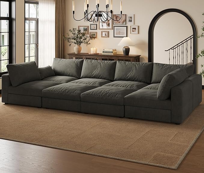Cloud Modular Sectional Sleeper Sofa with Storage Ottoman, 128" Oversized Sectional Couches for Living Room, Cloud Modular Sleeper Sofa with Chaise, 8 Seater, Chenille, Dark Gray