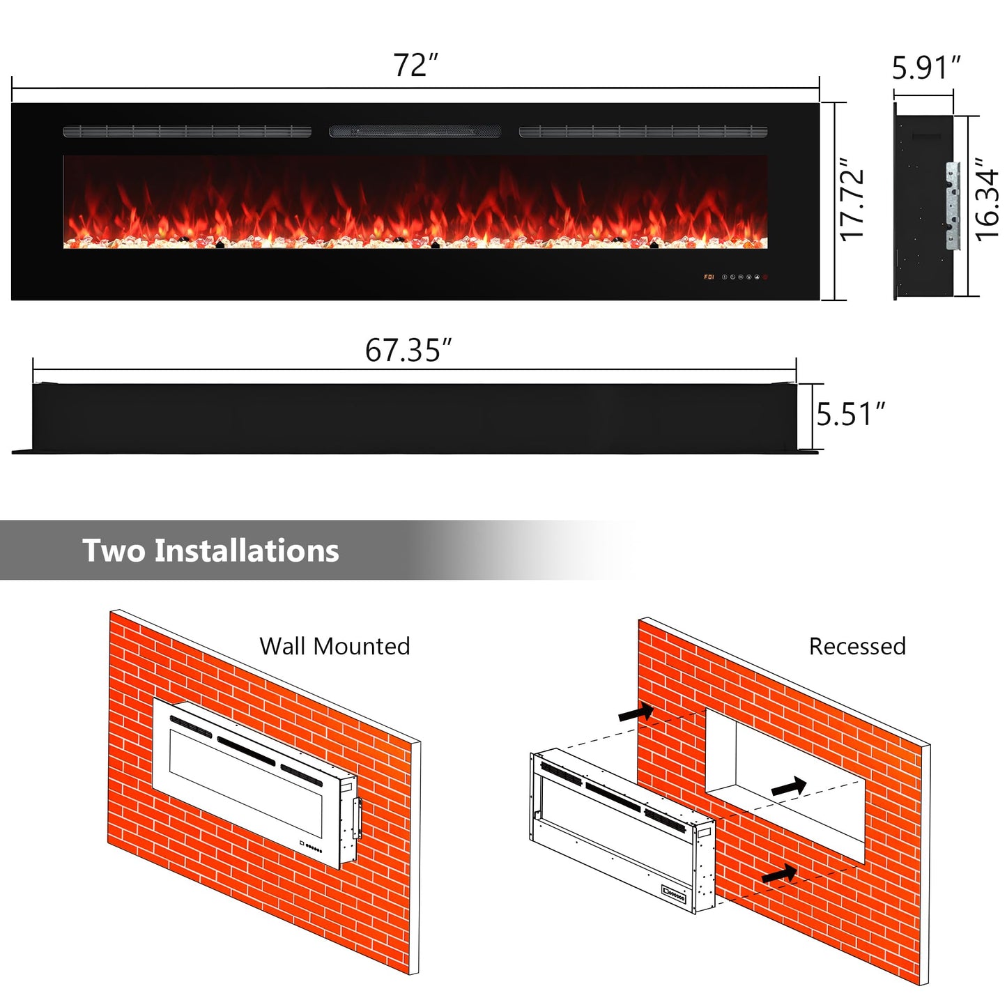 Carsynflame Electric Fireplace 72 In, Wall Mounted & Recessed Electric Fireplace Inserts, Remote & Touch Screen Control, 169 Flame Color Combinations, Timer & Thermostat Fireplace Heater, 1500W, Black
