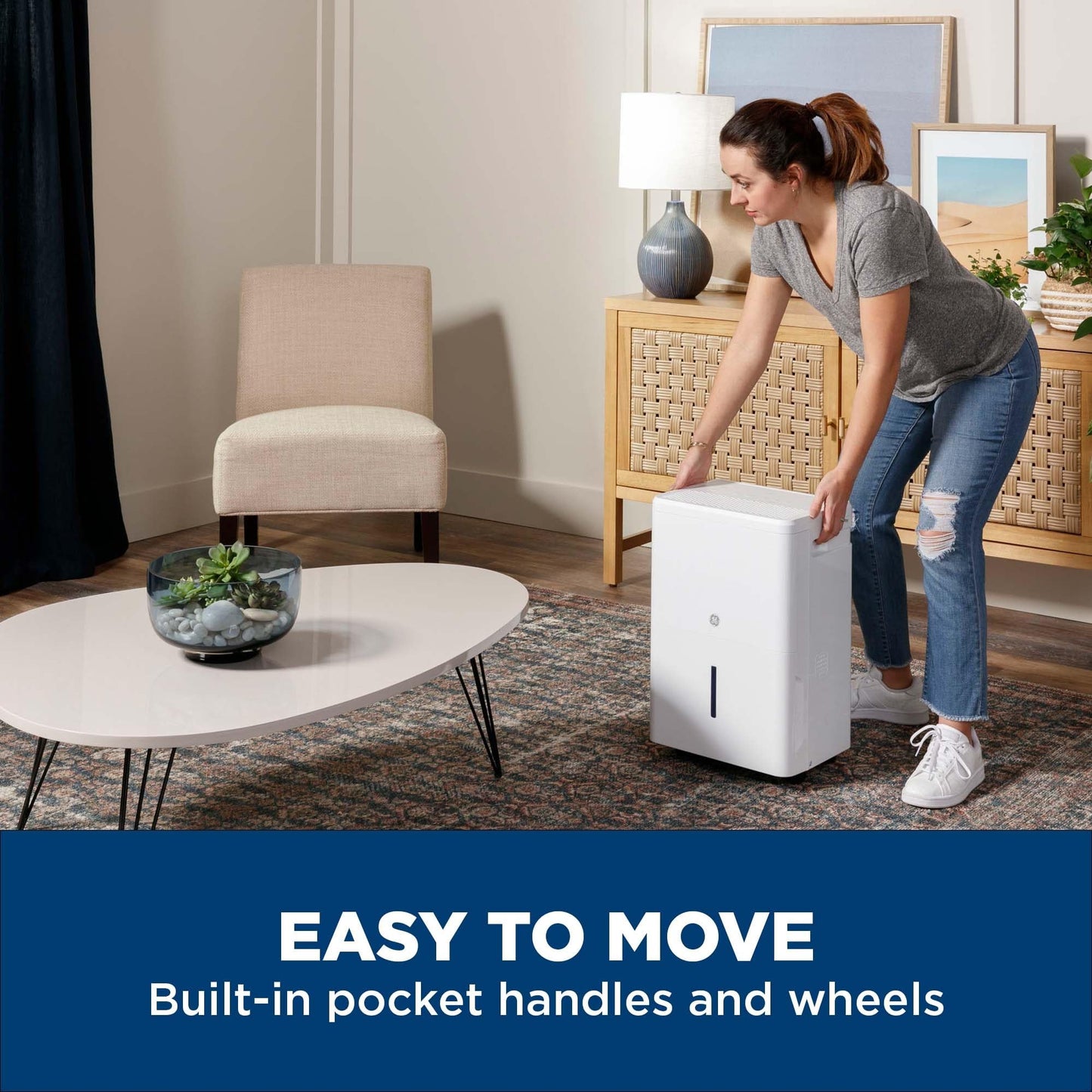 GE Portable Dehumidifier, 50 Pint Daily Output with Built-in Pump and Smart Dry for Wet Spaces Auto or Manual Drainage, Ultra Quiet, Perfect for Basement, Bedroom, Bathrooms, White