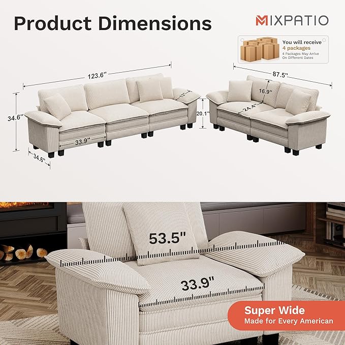 MIXPATIO L-Shaped Cloud Modular Sofa Set with Chaise Lounge, 5-Piece Sectional & Deep Seat, Plush Corduroy w/Removable Arms for Living Room - Beige