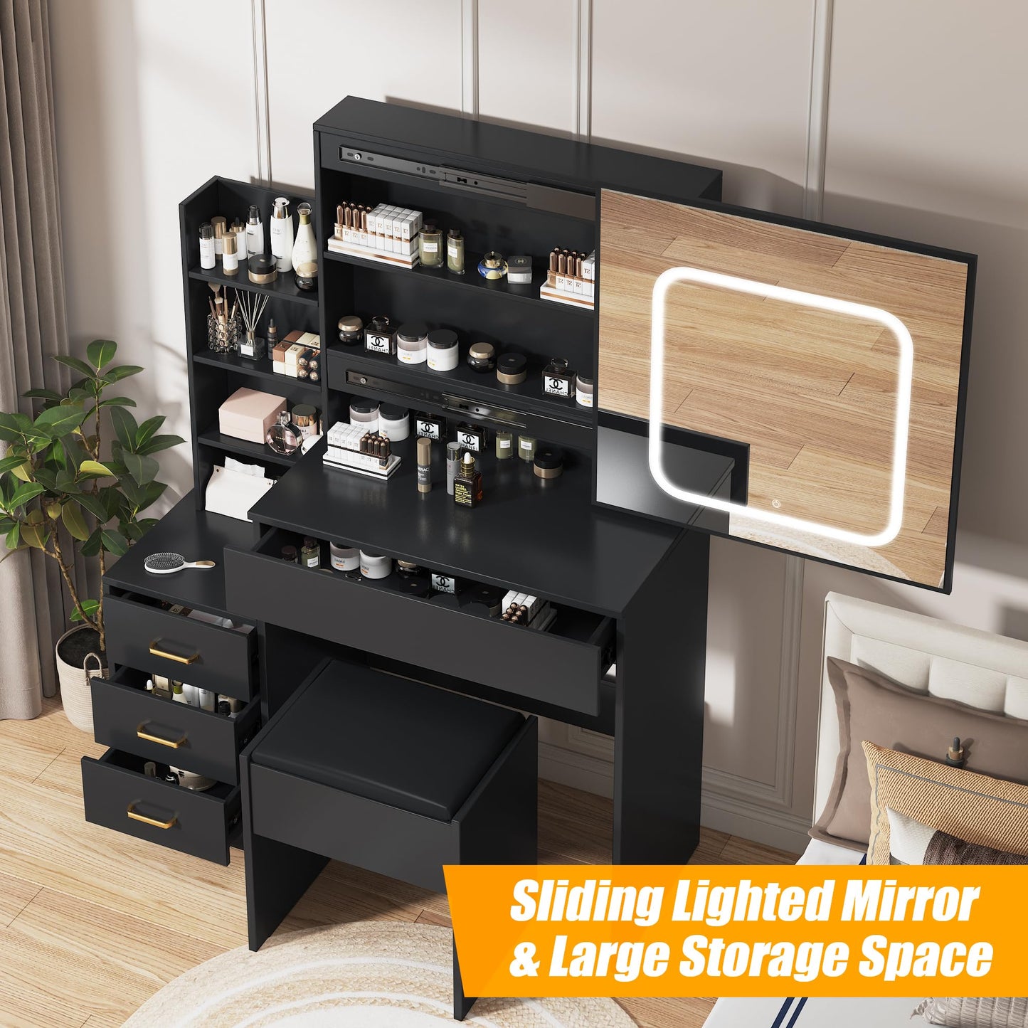 Vanity Desk with Sliding Mirror and Lights, Makeup Vanity Set with 4 Drawers, Stool, Power Outlet, Open Shelves, 3 Color Adjustable Lighting Modes, Makeup Dressing Table for Bedroom, Black