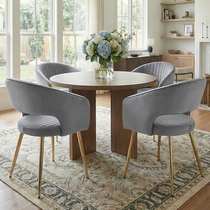 COMULER Grey Velvet Dining Chairs Gold Legs, Modern Dining Room Chairs with Arms Set of 4 Upholstered Accent Chair Armchair with Barrel Back for Kitchen Living Room