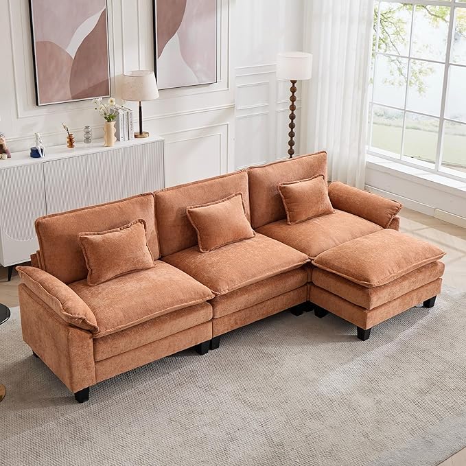 Oprisen 120" Modular Sectional Sofa, Comfy Cloud Couch Sectional Sofa with Ottoman, Chenille Sofa Sleeper Deep Seat Sofa with Throw Pillows for Living Room (Orange, 120"- L Shape)