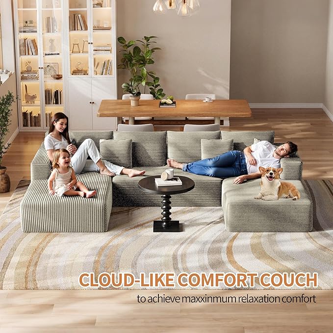 Fancyfire 134.6" Cloud Modular Sectional Couch with Chaise and Pillows,Ultimate Comfort U-Shaped Deep Seat Sofa,Boneless Couch Upholstered 3-Seater Sofas for Living Room, No Assembly Required(Khaki)