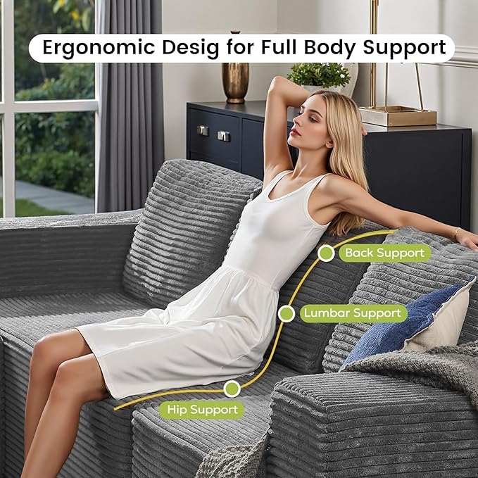 110" Boneless sectional Couch for Living Room,Convertible L-Shape Couches with Ottoman, Cloud Modular Sofa with Deep Seat for Bedroom, Cloud Corduroy, No Assembly,Grey