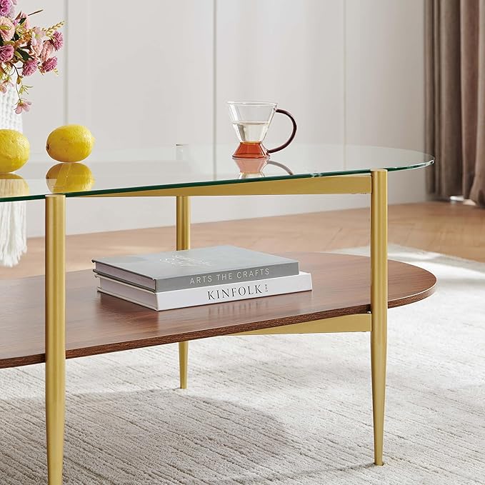 Pine Flicker Oval Glass Coffee Table, Mid-Century Modern Design, L42*W22*H17 inch, for Living Room, Clear Glass Top and Walnut Finish Wood Shelf, Conical Metal Legs with Gold Finish