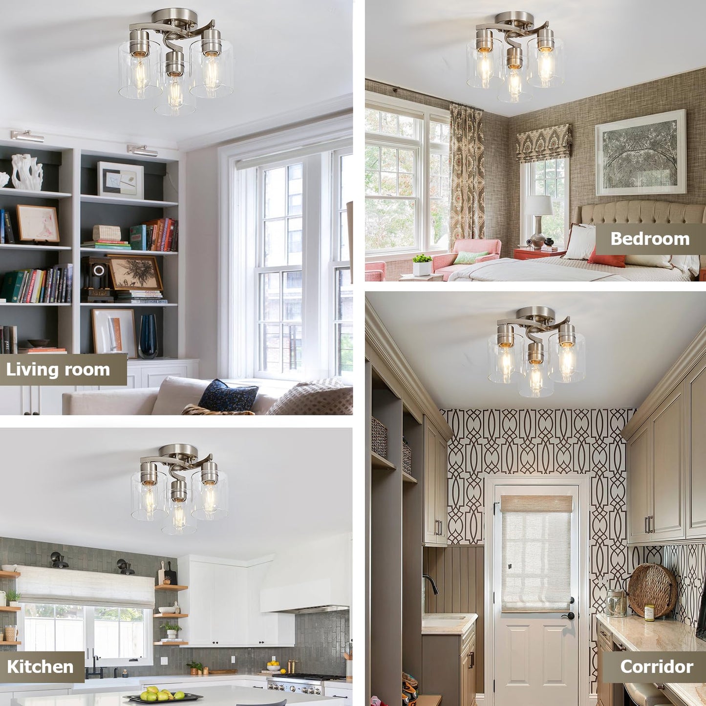 Doltoro Brushed Nickel Ceiling Light Fixtures, 3-Light Kitchen Light Fixture, Modern Flush Mount Ceiling Light Mount with Clear Glass Shade for Foyer Stairs Hallway Entryway Bedroom