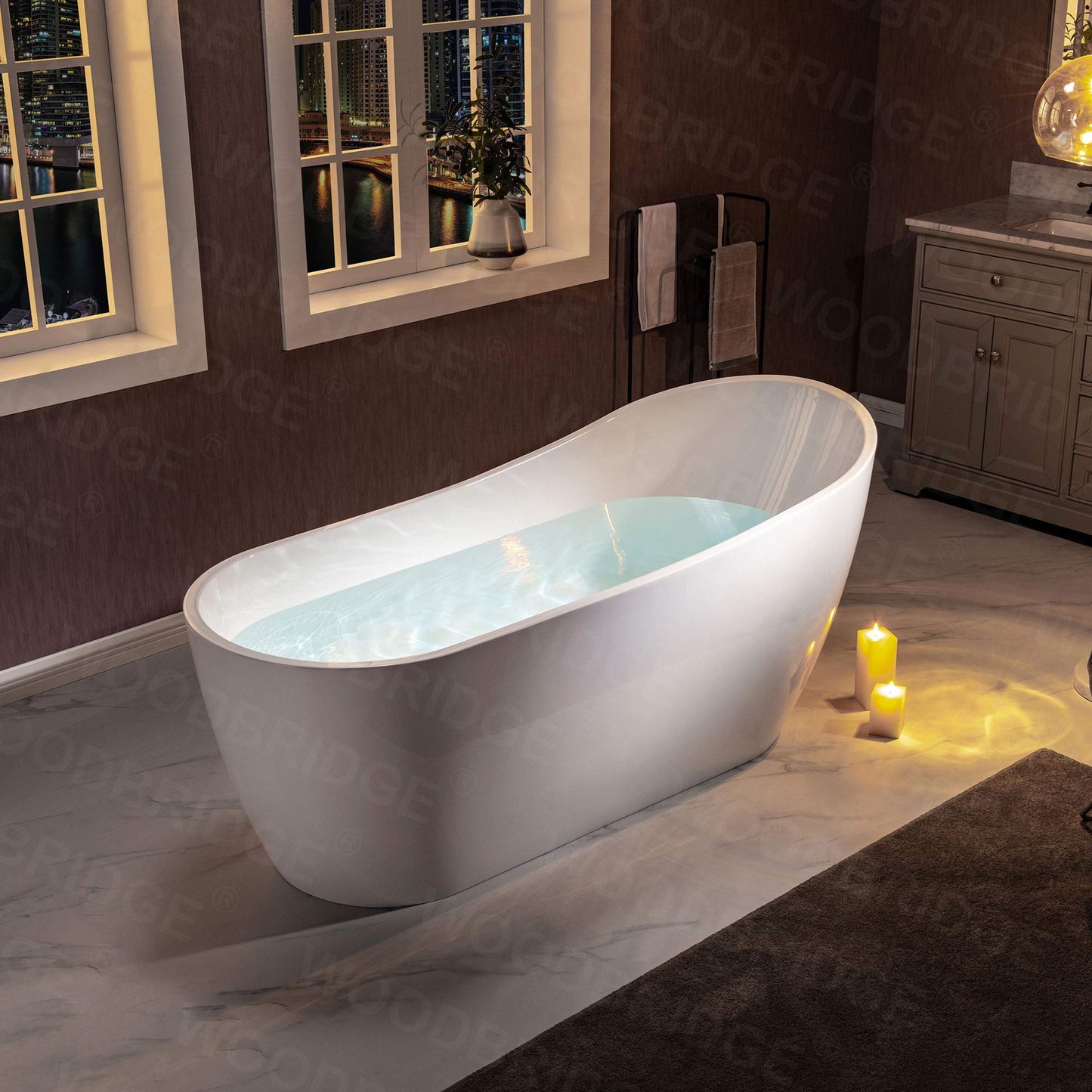 WOODBRIDGE 67"Freestanding White Acylic Soaking Bathtub with Matte Black Drain and Overflow,BTA1508 -MB-Drain &O
