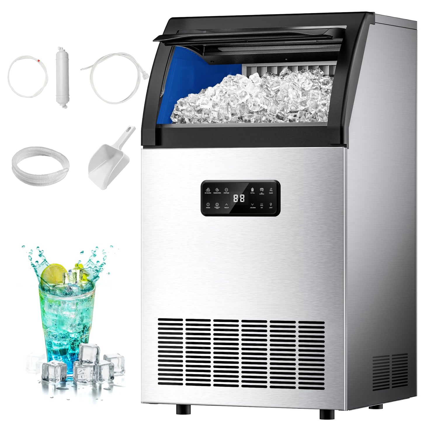 EUHOMY Commercial Ice Maker,120lbs/24H,Stainless Steel Under Counter Ice Machine with Water Filter,33lbs Storage Bin, 45 Cubes in 8-12 Mins, Freestanding Ice Cube Maker for Home/Bar/Cafe/Restaurant
