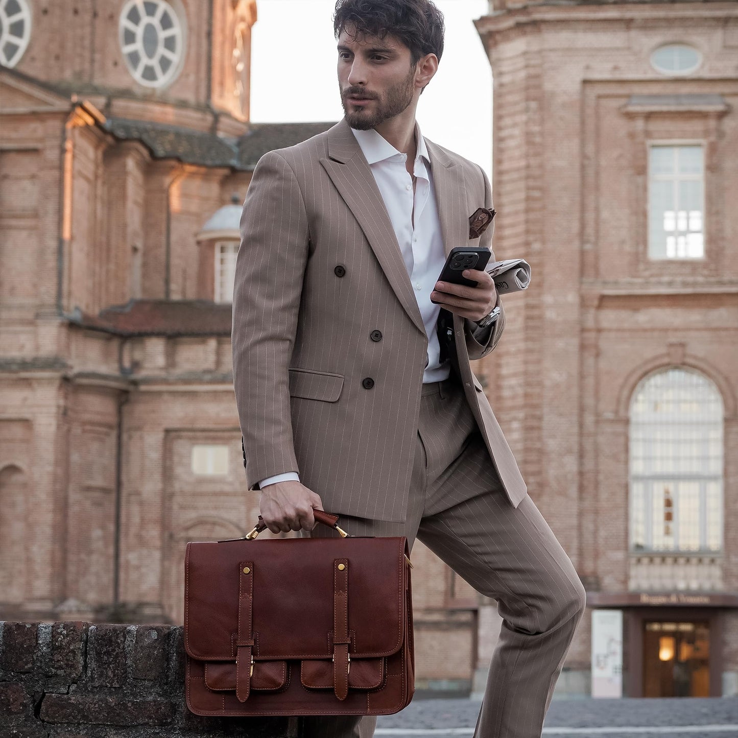 Time Resistance Leather Briefcase – Italian Handmade Leather Laptop Bag – Briefcase Convertible into Backpack (Cognac Brown)