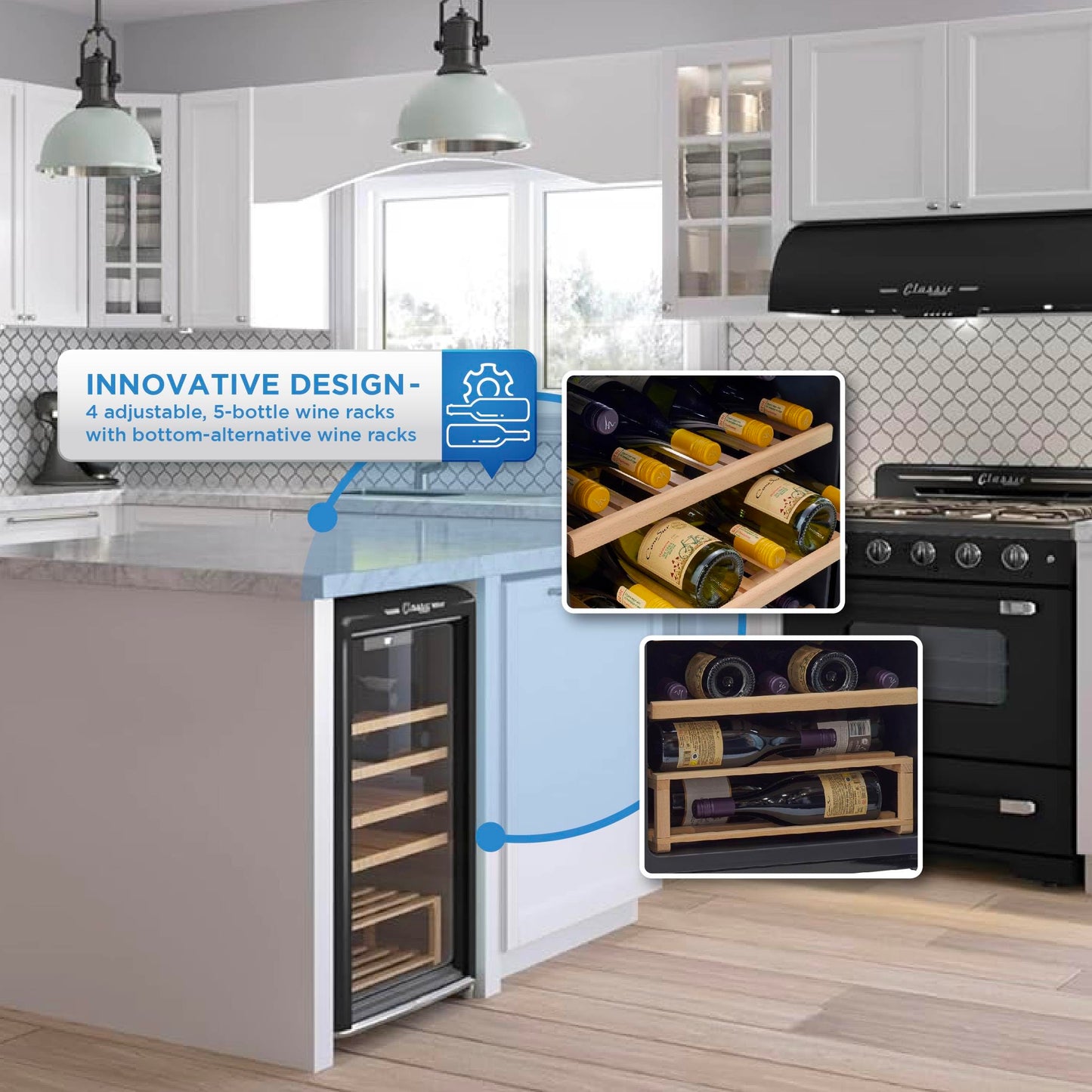 Unique Appliances Classic Retro Electric Wine Cooler, 28-Bottle Wine Fridge with Adjustable Wooden Shelves and Intuitive Digital Control Panel, Single Zone, 21", Midnight Black