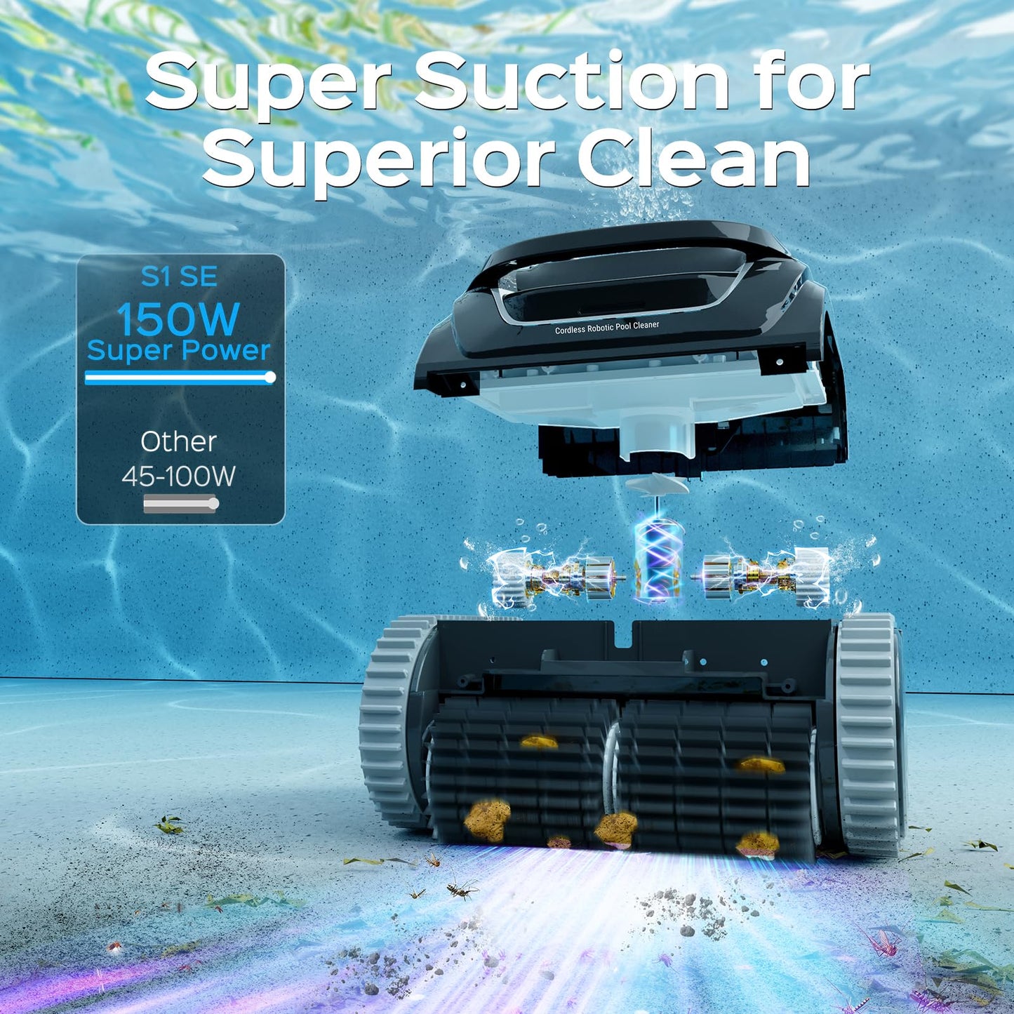 WYBOT S1SE Cordless Robotic Pool Cleaner, Pool Vacuum for Inground Pools with APP Support, Wall & Waterline Cleaning Up to 1,937sq.ft, 7 Cleaning Modes, 150Mins Runtime(BlackGrey)