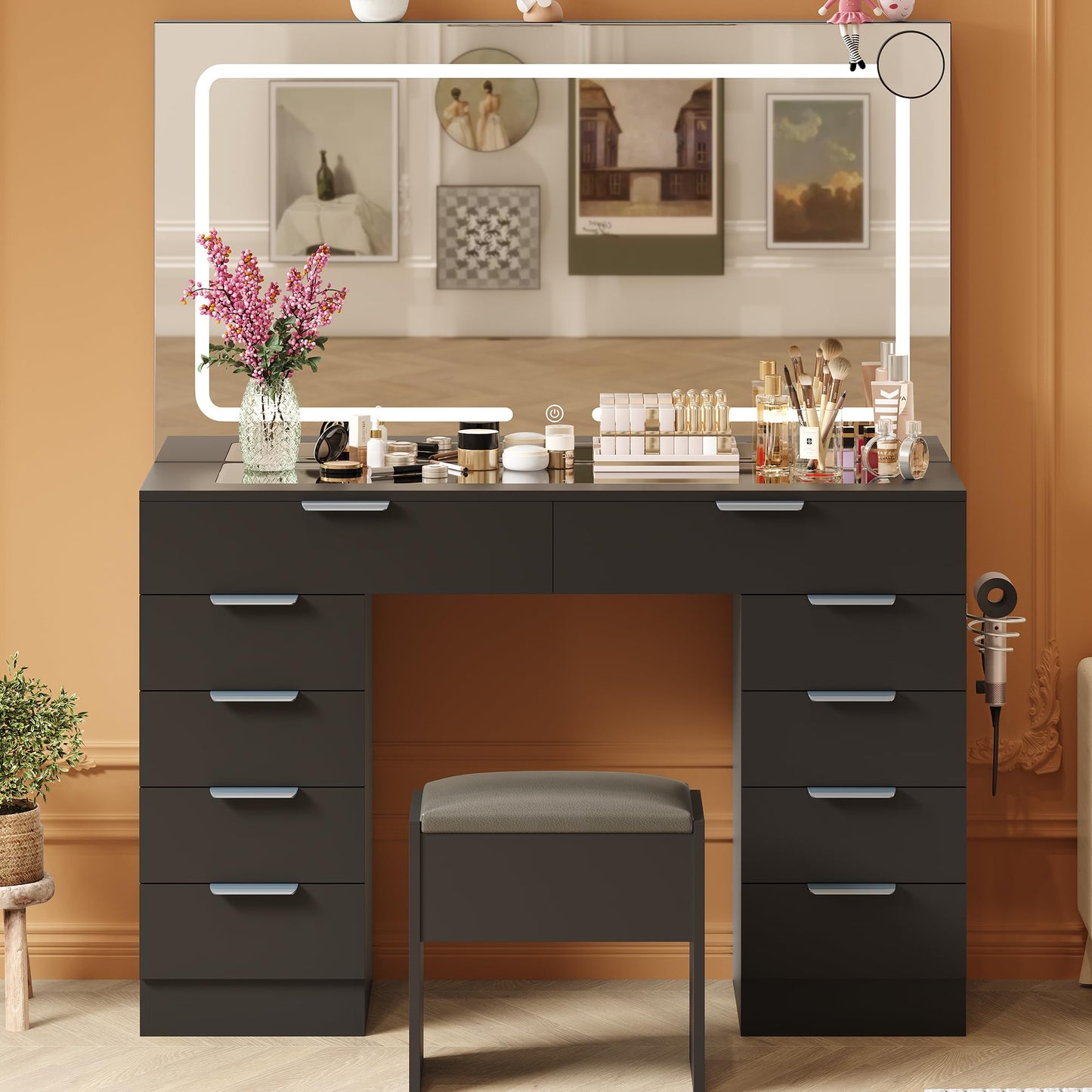 Vanity Desk with Large Mirror and Lights, Makeup Vanity Desk Set with Power Outlet, Stool, 10 Drawers Storage, Magnifying Glass, Hairdryer Holder, 3 Lighting Color Adjustable for Bedroom (Black)