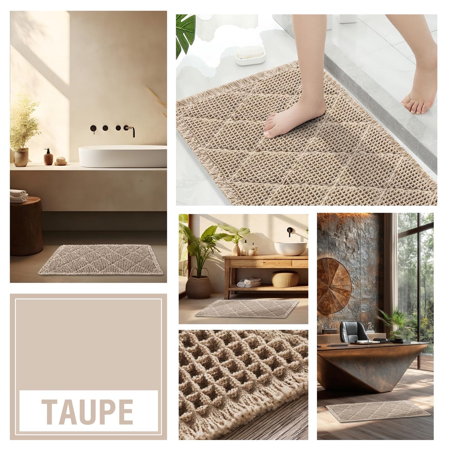 Flamingo P Waffle Bath Mat, 24x17 Inch, Boho Shower Rug Water Absorbent Waffle Knit Bathroom Rug Non Slip Machine Washable Bath Rugs for Bathroom Floor Mats Doormat, Taupe