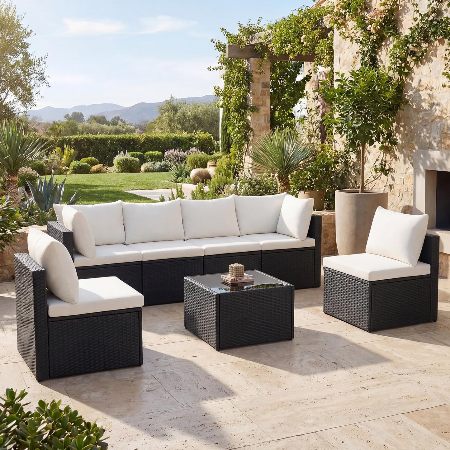 DUMOS 7 Piece Outdoor Patio Sectional Sofa, Modular Wicker Furniture Set with 2.8" Thick Cushions, Adjustable Feet, Weather-Resistant Rattan Outdoor Couch for Backyard, Deck, Garden, Poolside, Black
