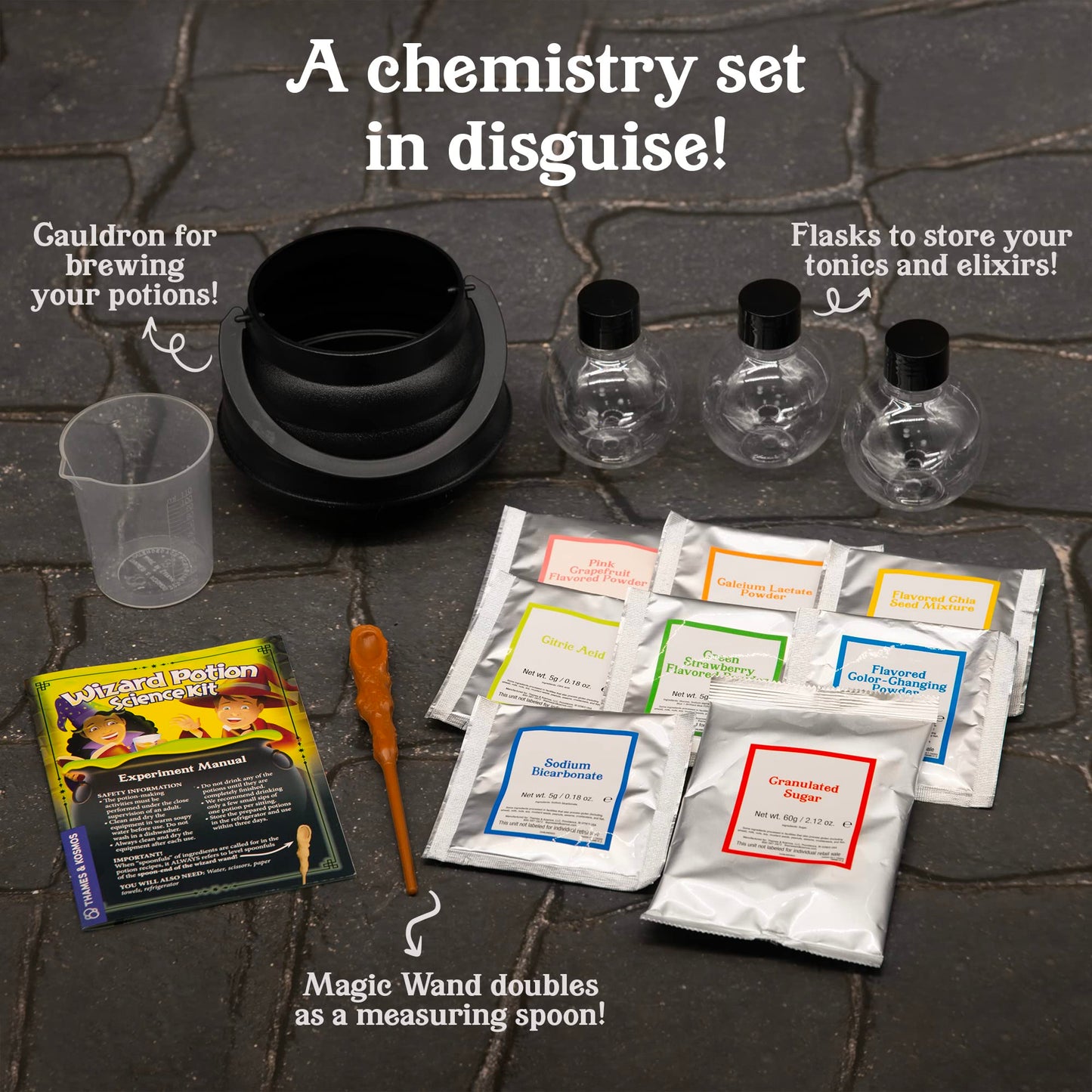 Tasty Labs Wizard Potion Science Kit - Make 5 Magical Potions, Chemistry Experiments Safe to Drink, Includes Cauldron & Wand - Study Reactions, Polymers & More