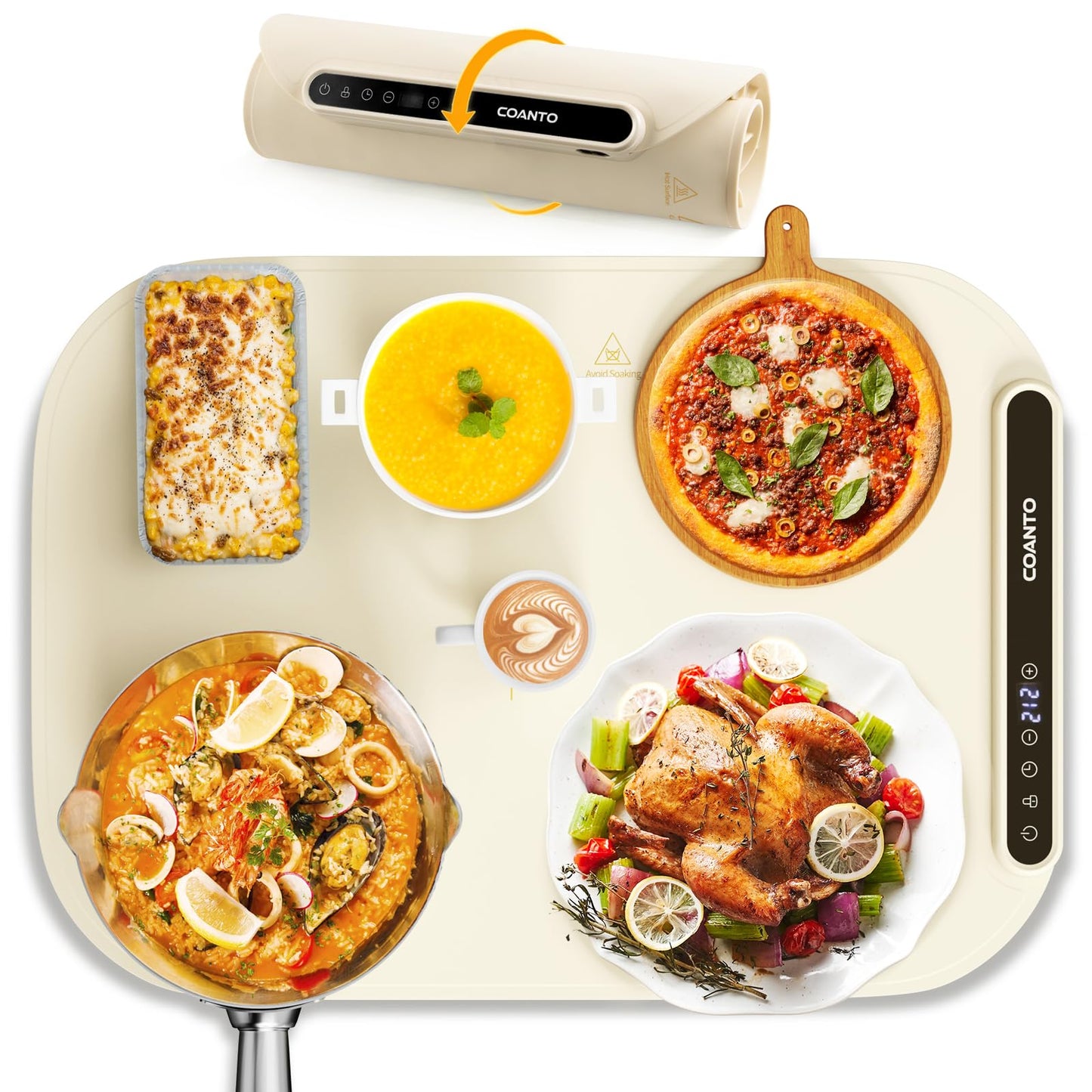 Coanto Food Warming Mat, Electric Warming Tray for Buffets & Parties, Silicone Heating Mat with 7 Temperature Settings, Roll-Up Storage, 17.91"x12.8", Beige