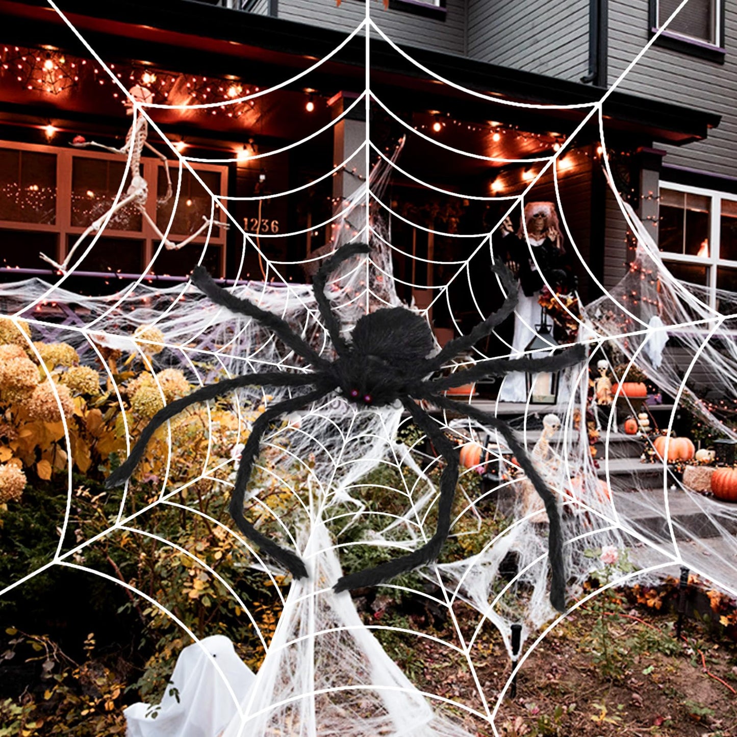 Halloween Decorations, 9FT Diameter Spider Web Lights with Black 4FT Spider, 160 LED Waterproof Net Lights, Remote Control, 8 Modes Cobweb for Yard House Garden Outdoor Indoor Party Haunted Decor