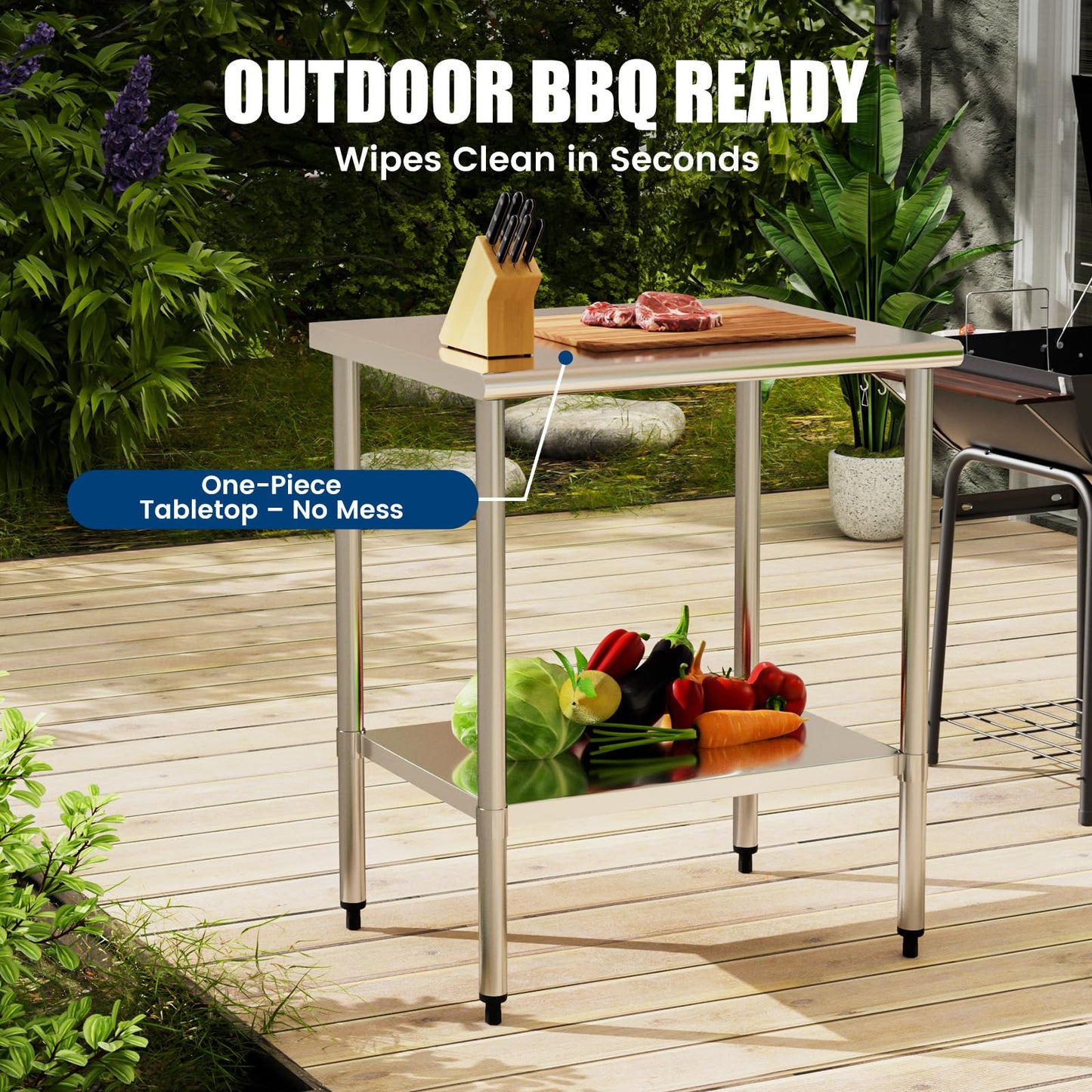 Stainless Steel Work Table 24 x 30 Inch with Adjustable Undershelf, Heavy-Duty Metal Prep Table for Commercial Kitchen & Restaurant, Garage, Outdoor