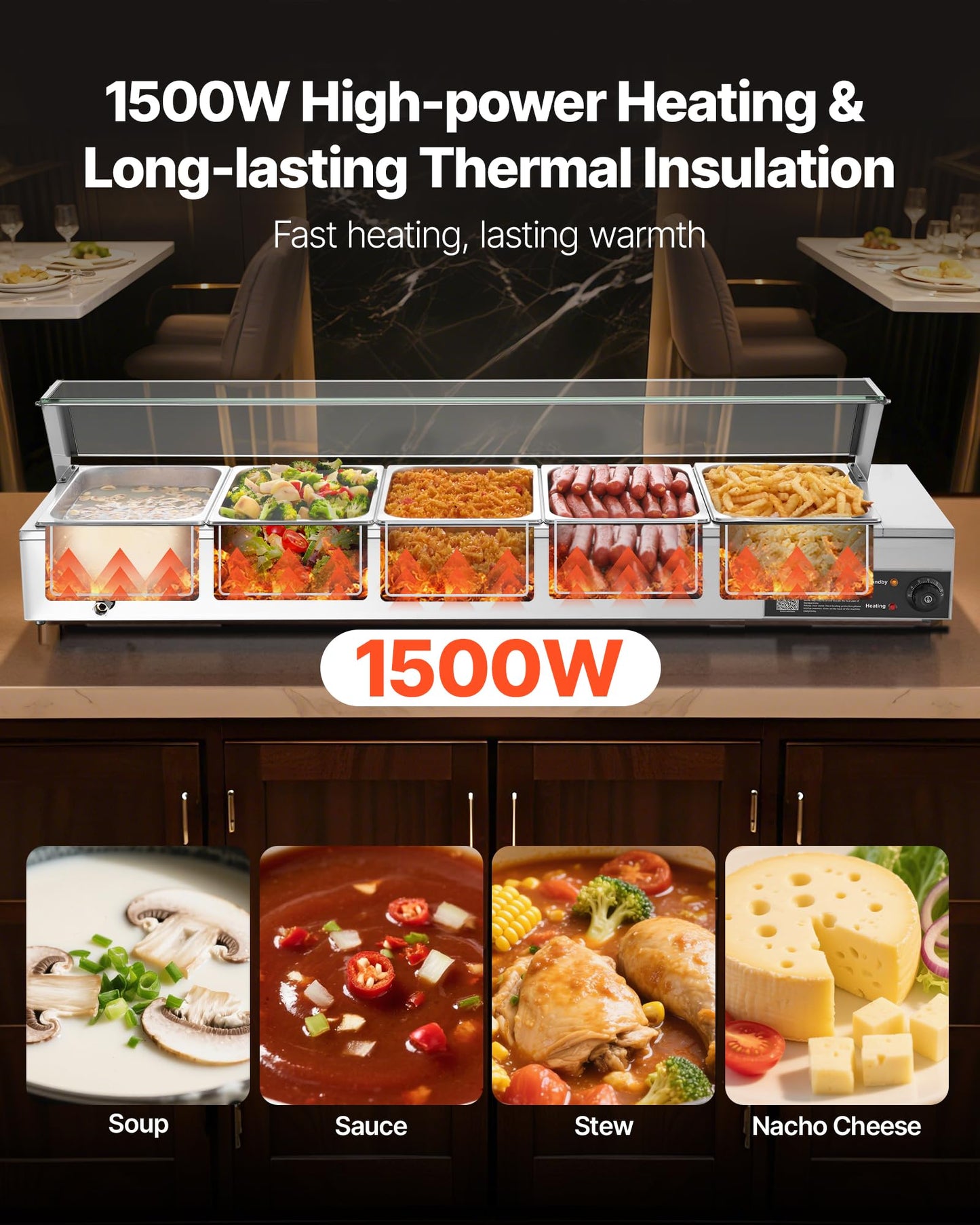VEVOR Commercial Food Warmer, 1500W Electric Stainless Steel Steam Food Warmer with Glass Cover, Countertop Buffet Bain Marie with Five 1/2 Size Food Pans, for Catering, Restaurant, Party & Buffets