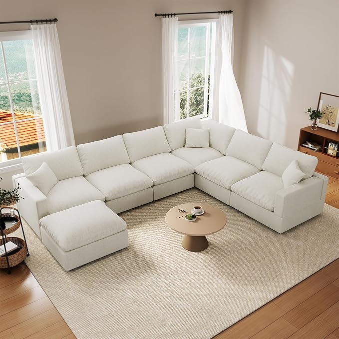 Cloud Couch Modular Sectional Sofa, 123.8" 7-Seater U Shaped Sectional Couches for Living Room, Convertible Cloud Sofa with Ottoman, Down Filled Wide & Deep Seat, Removable Washable Cushion Covers