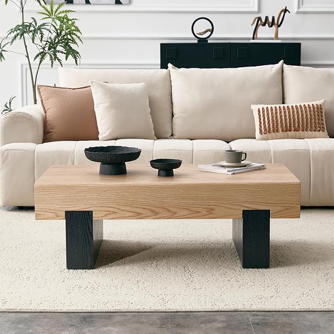 LKTART 46'' Rectangle Coffee Table for Living Room, Natural Wood Grain Pattern Thick Sturdy Legs Coffee Table with Storage for Dining Room Apartment Small Space (Natural Wood)