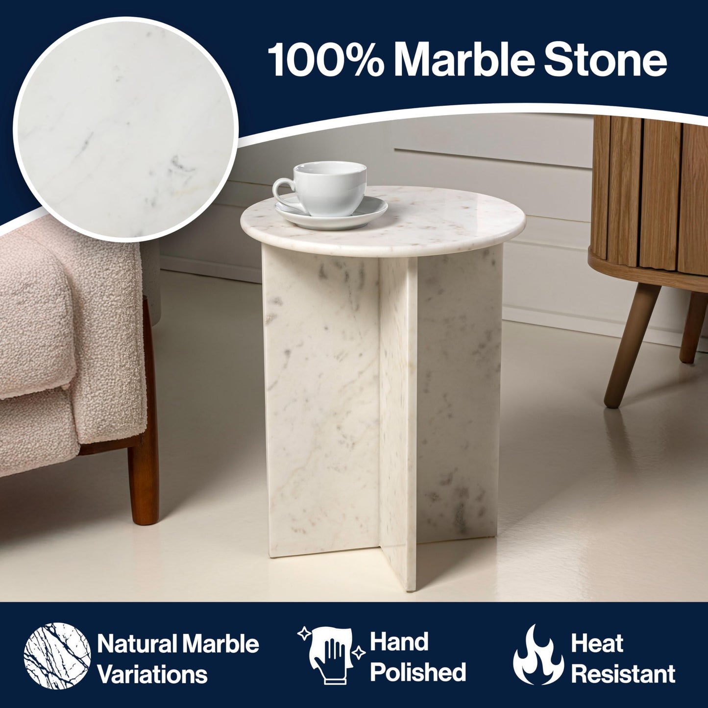 JONATHAN Y MTB1103A Javier 17.75" Contemporary Natural Marble Handmade X-Shaped End Table for Living Room, Bedroom, Bathroom, White