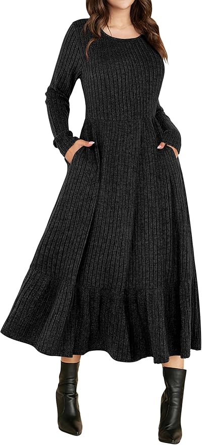 ANRABESS Womens Long Sleeve Midi Dress Spring Rib Knit Crew Neck A Line Soft Flowy Swing Dresses with Pocket Casual Trendy