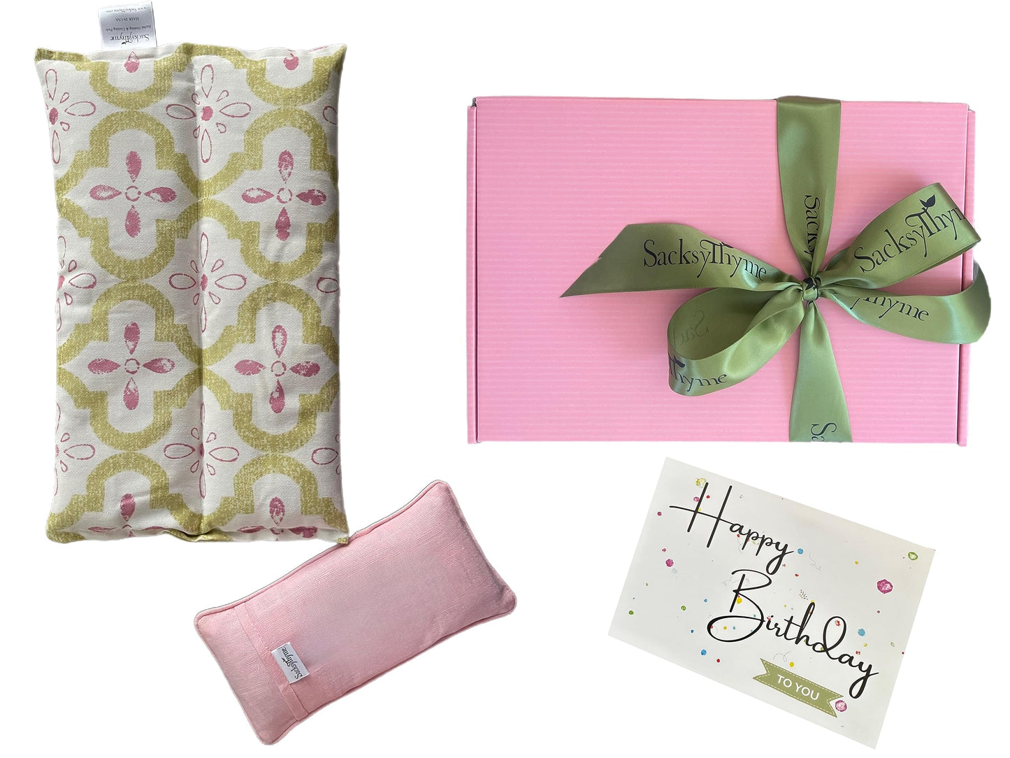 Sacksy Thyme Birthday Gift Set - 2 Piece- Lavender Heating Pad & Linen Eye Pillow - Luxury Happy Birthday Gift Set for Women, Unique Women's Gift Basket, Card for Personalized Message, Heating Pad