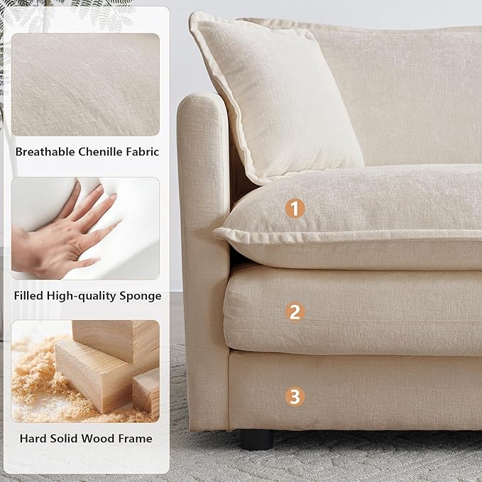 mikibama Luxury Modular Sectional Sofa, 146.5" Modern Chenille Comfy Cloud Couches for Living Room Office, 4 Seater Deep Sofa with 2 Armrest Pillows and 4 Toss Pillows, Light Coffee
