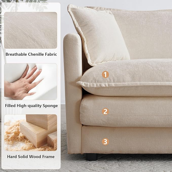 mikibama Luxury Loveseat Sofa Couch, 76" Modern Chenille Deep 2-Seater Cloud Couch with 2 Armrest Pillows and 2 Toss Pillows, Love Seat for Living Room Bedroom Office Apartment, Light Coffee