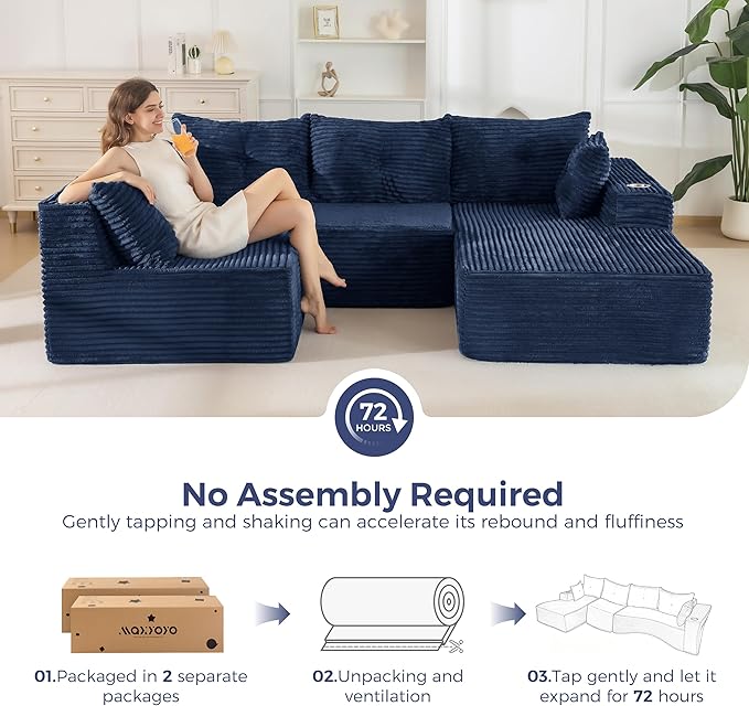 MAXYOYO 132" Oversize Modular Sectional Couch with L-Shape Chaise, Modern Boneless Couch for Living Room, Sofa in A Box, Oversized Sofa Sleeper with Deep Seat, No Assembly Required, Navy