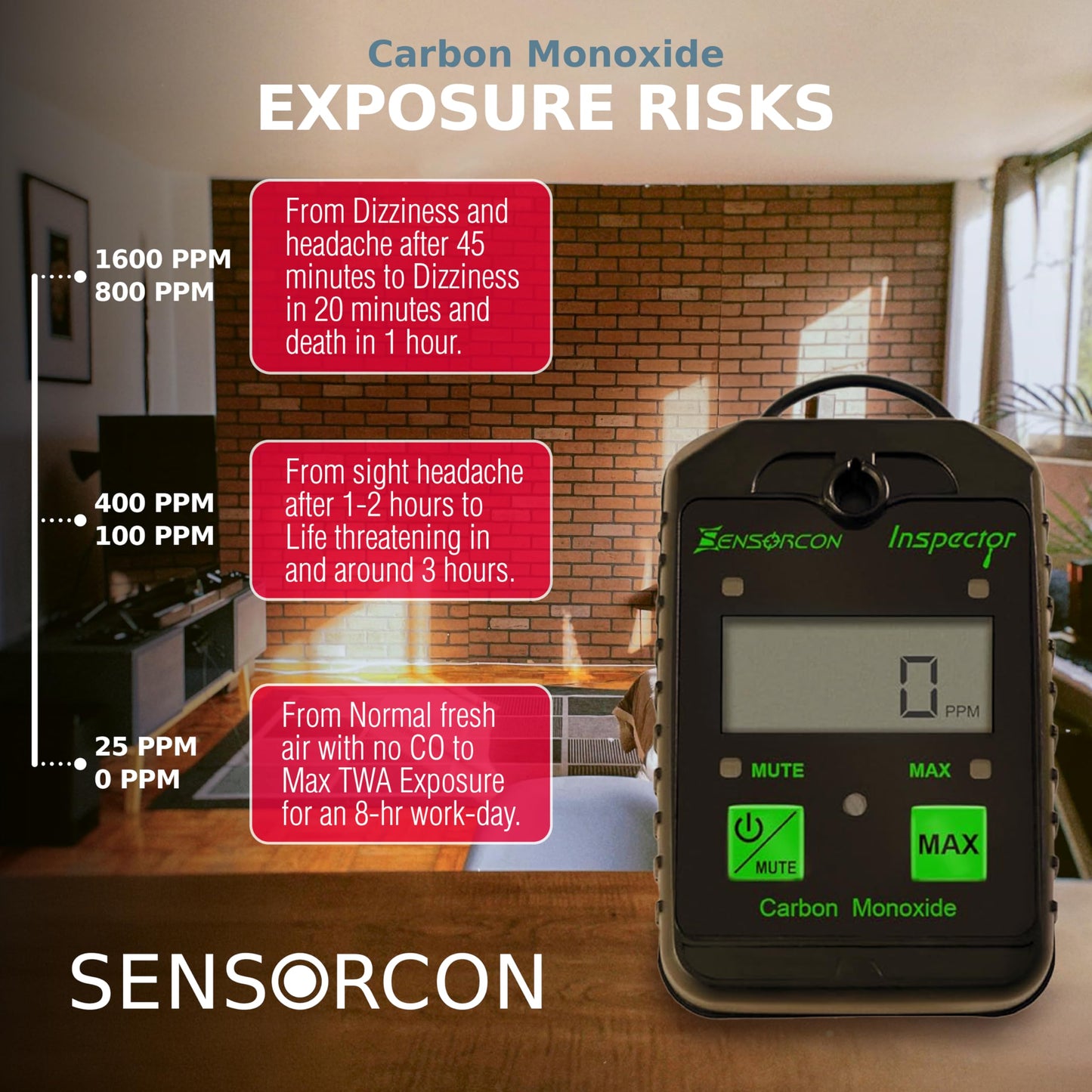 Sensorcon Inspector Portable Carbon Monoxide Detector with Visual and Audio Alarms – Waterproof Digital CO Detector for Personal, Ambient, and Combustion Monitoring