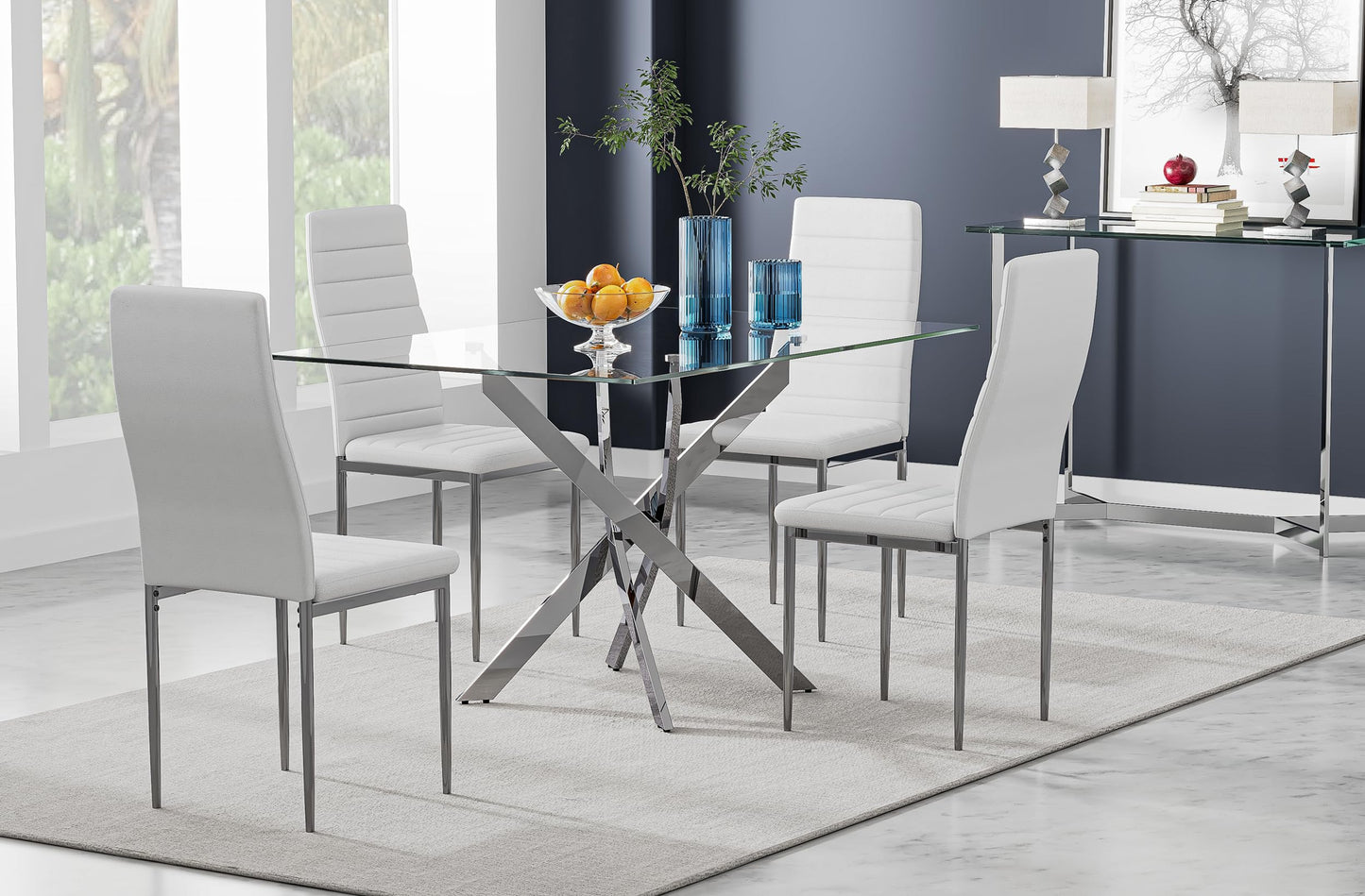 NIERN 5 Piece Dining Table Table Set, Tempered Glass Dining Table Set for 4 Kitchen Table Set with 4 Upholstered Chairs for Kitchen Dining Room (Sliver Table with White Chair)