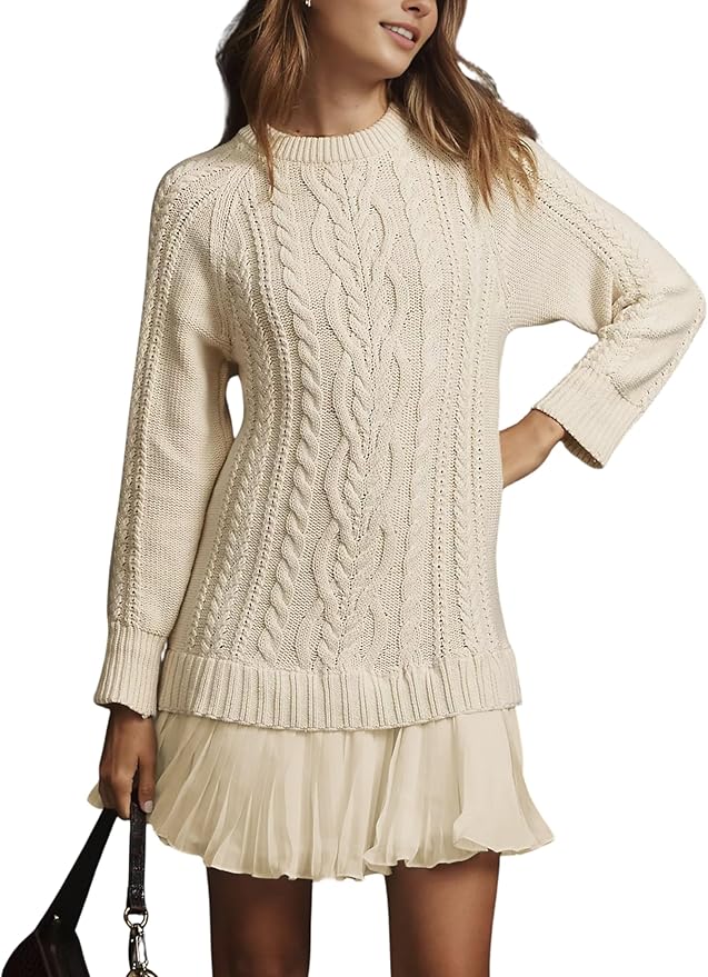 MINSURE Women Cable Knit Sweater Dress Crewneck Long Sleeve Pleated Mini Dress Twofer Style Patchwork Dress