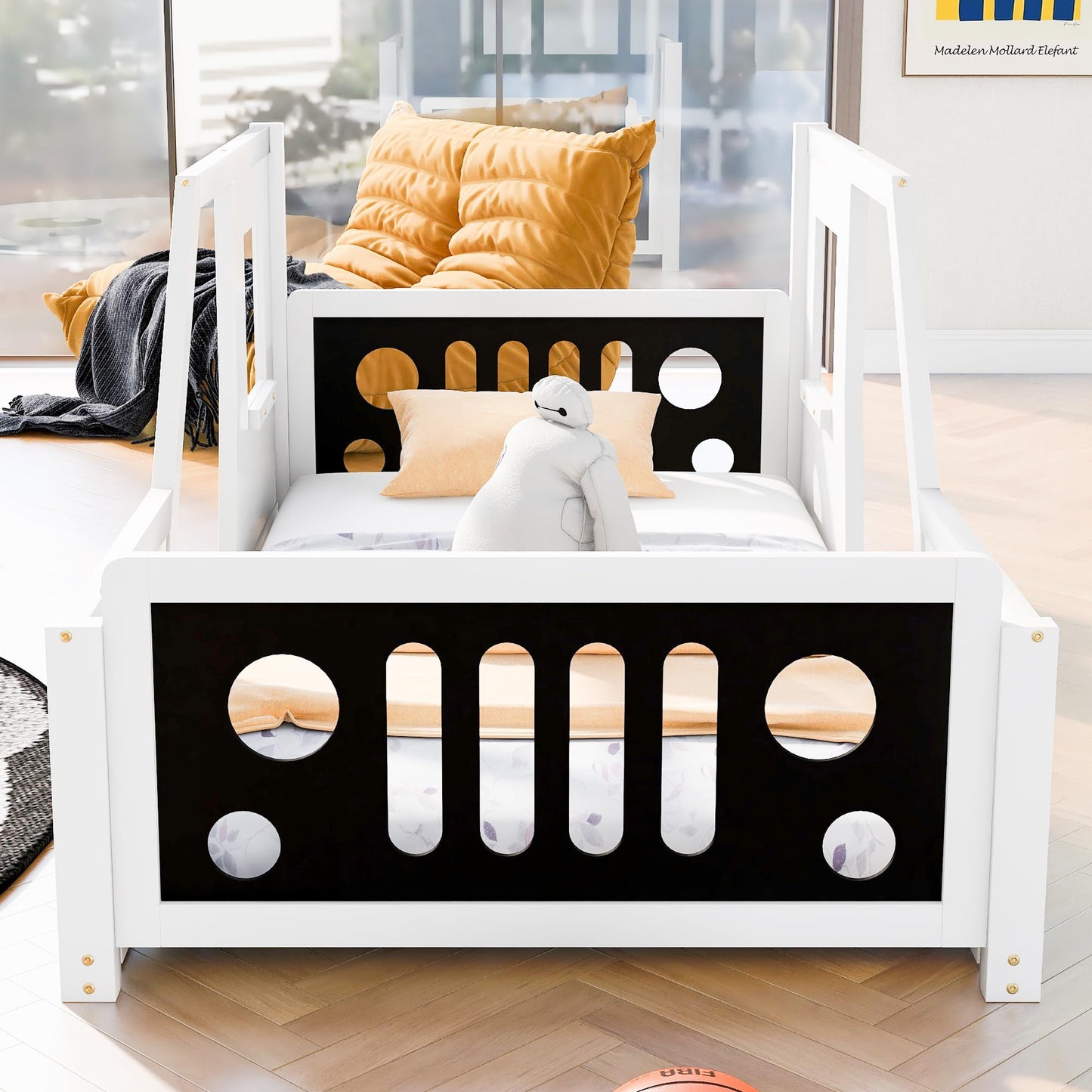 Twin Size Car Bed, Wood Floor Bed Frame with Headboard & Footboard and 4 Side Rails, Kids Racecar Bed for Boys Girls Teens, White