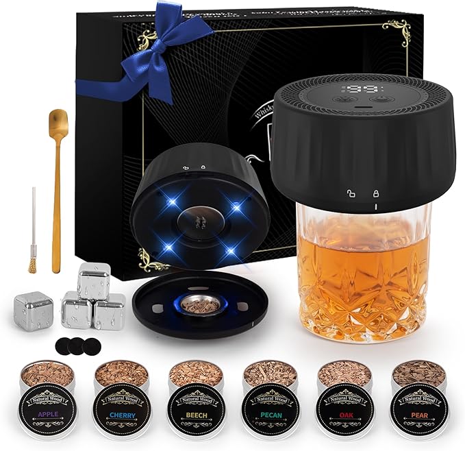 Electric Whiskey Smoker Kit with Led Lights, 4 Reusable Ice Cubes and 6 Flavors Natural Wood Chips, Old Fashioned Bourbon ...