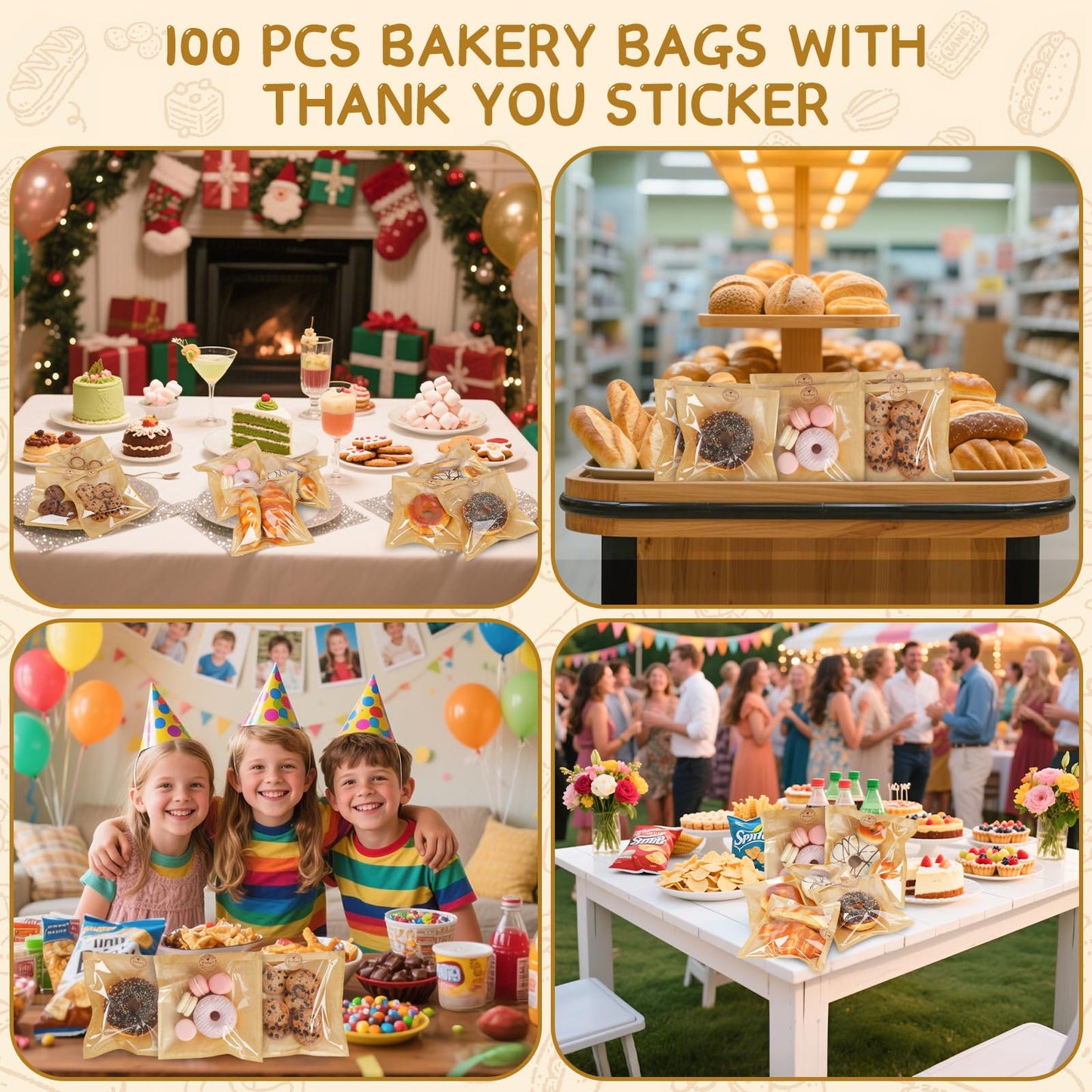 SUREHOME Paper Sandwich Bags 100 Pcs 7.1 X 7.5 In Kraft Brown Paper Bags with Window Individual Heat Seal Bakery Bag with Sticker Cookie Bag for Party Favors Snacks Treats Bread Baked Goods Packaging