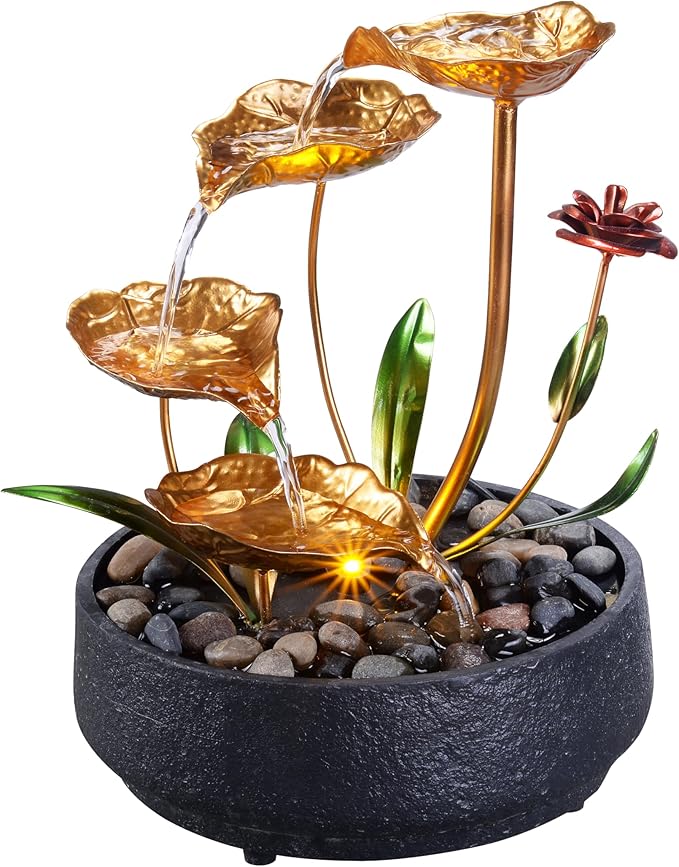 MSEONWXI Tabletop Fountain Metal Lotus Circulating Fountain Water Feature for Zen Home Decor Warm Yellow Scene Light(23034)