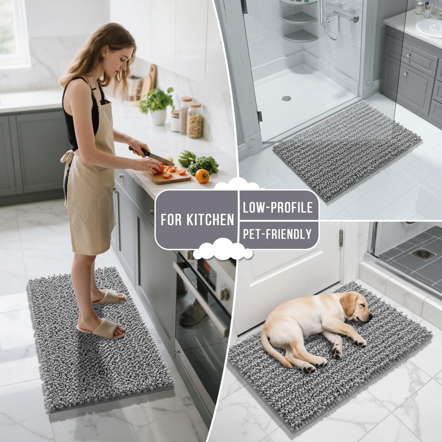 Yimobra Bathroom Rugs Non Slip Washable 24x17 Inch - Ultra Soft Absorbent Chenille Bath Mat, Quick Dry Shaggy Floor Carpet for Tub Shower, Gray Home Decor Accessories