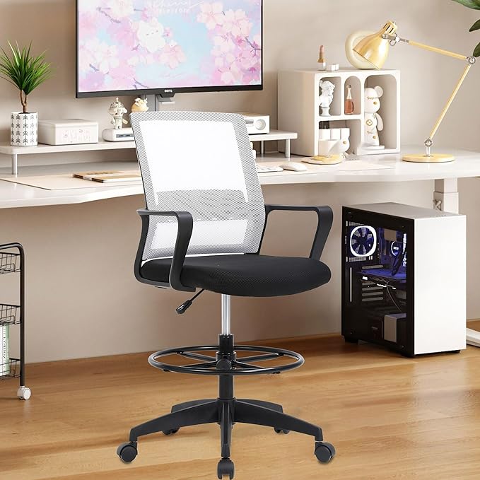 BestOffice Drafting Chair Tall Office Chair Adjustable Swivel Rolling Mesh Height with Lumbar Support Arms Footrest Mid Back for Adults Standing Desk Drafting Stool (Beige)