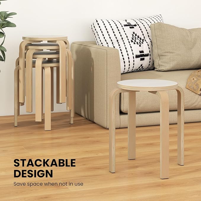 Giantex Stackable Stools Set of 4, 18" Round Stacking Backless Nesting Stools, School Chairs, Flexible Seating for Classroom Elementary, Students, Adults, Kitchen, Dining Room (Natural & White)
