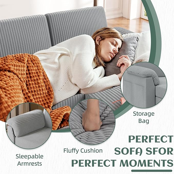 Vongrasig 79" Convertible Sectional Couch Sofa with Storage Ottoman, 3 Seat L Shaped Couch with Side Storage Pockage, Small Couches for Living Room, Apartment and Small Space (Light Grey)